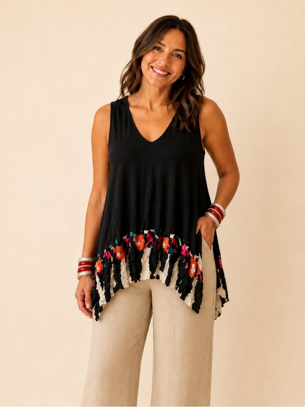 Alembika Size 5 Black Asymmetrical Tunic Tank Floral Crinkle Hem Lagenlook
